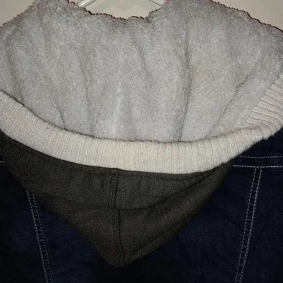 Wallflower Blue Denim Jacket with White Sherpa Hood and Olive Sleeves - Picture 3 of 4